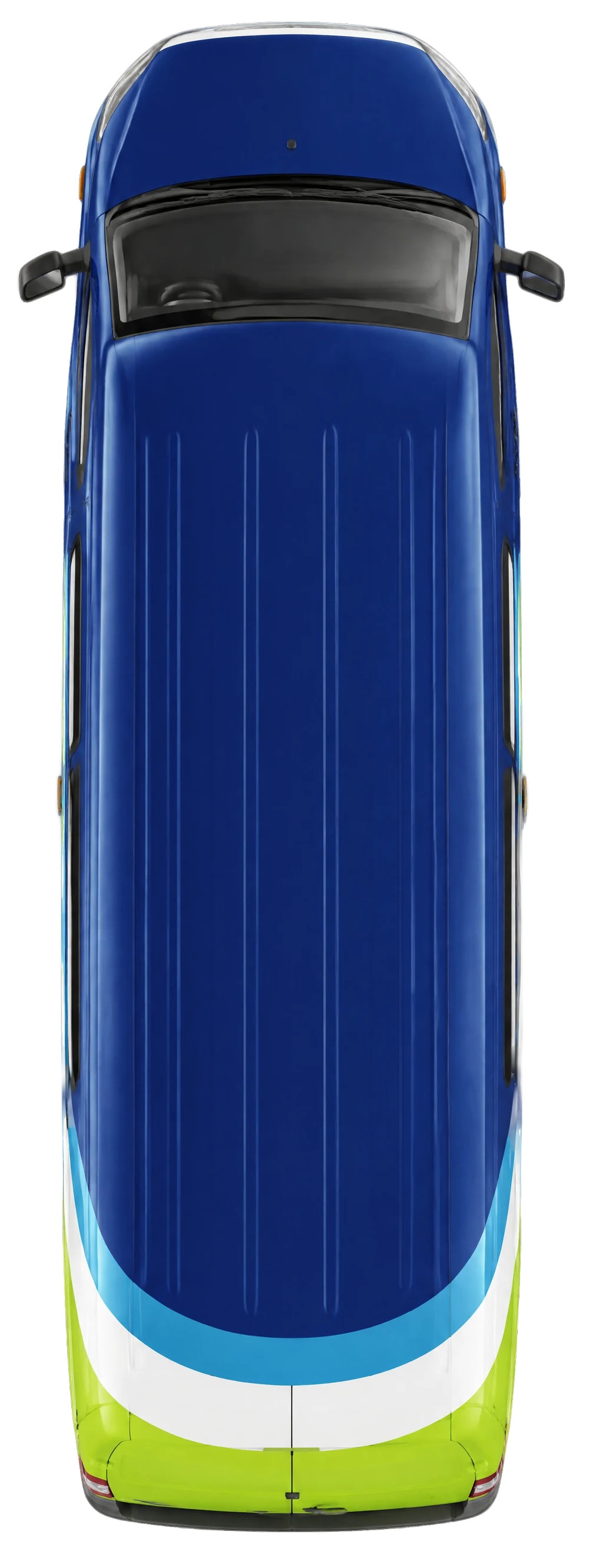On Time Solutions minivan seen from above, navy roof with the lime and sky brand stripes