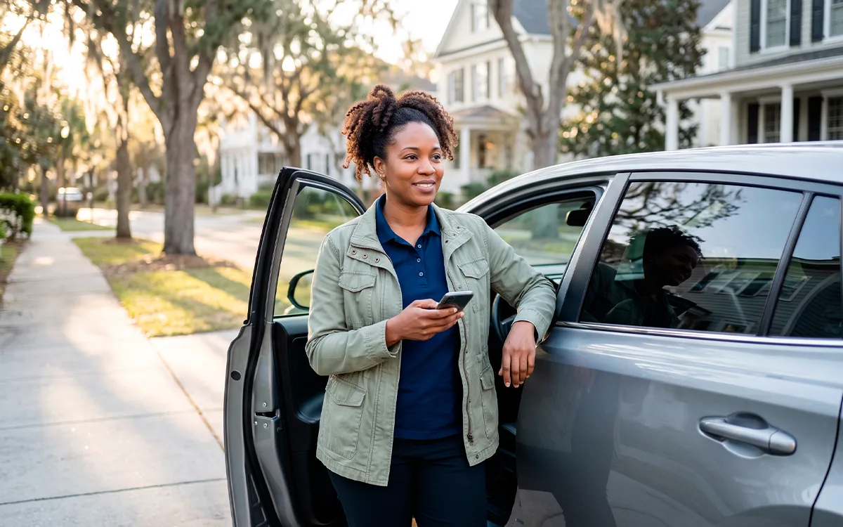 On Time driver standing by her vehicle in a residential street