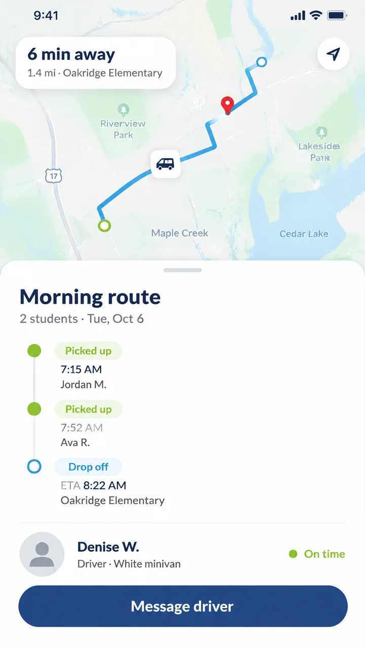 On Time app, parent view: morning route tracked live on the map