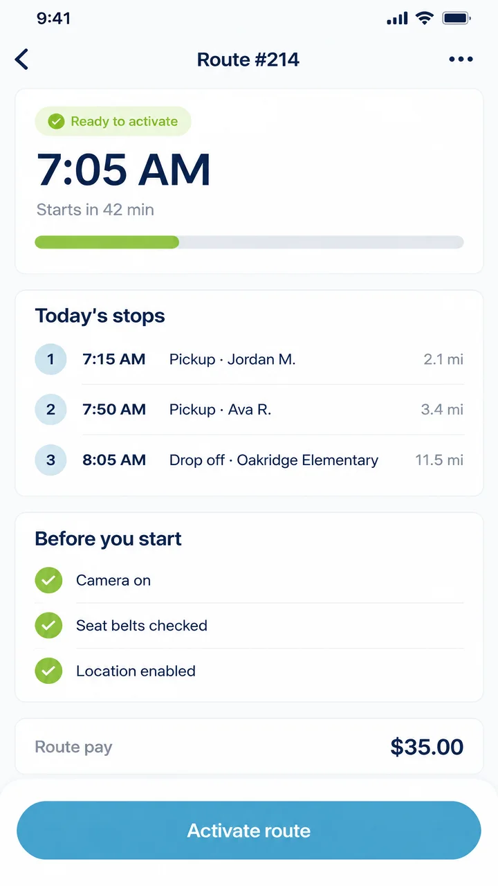 On Time app, driver view: activate your route